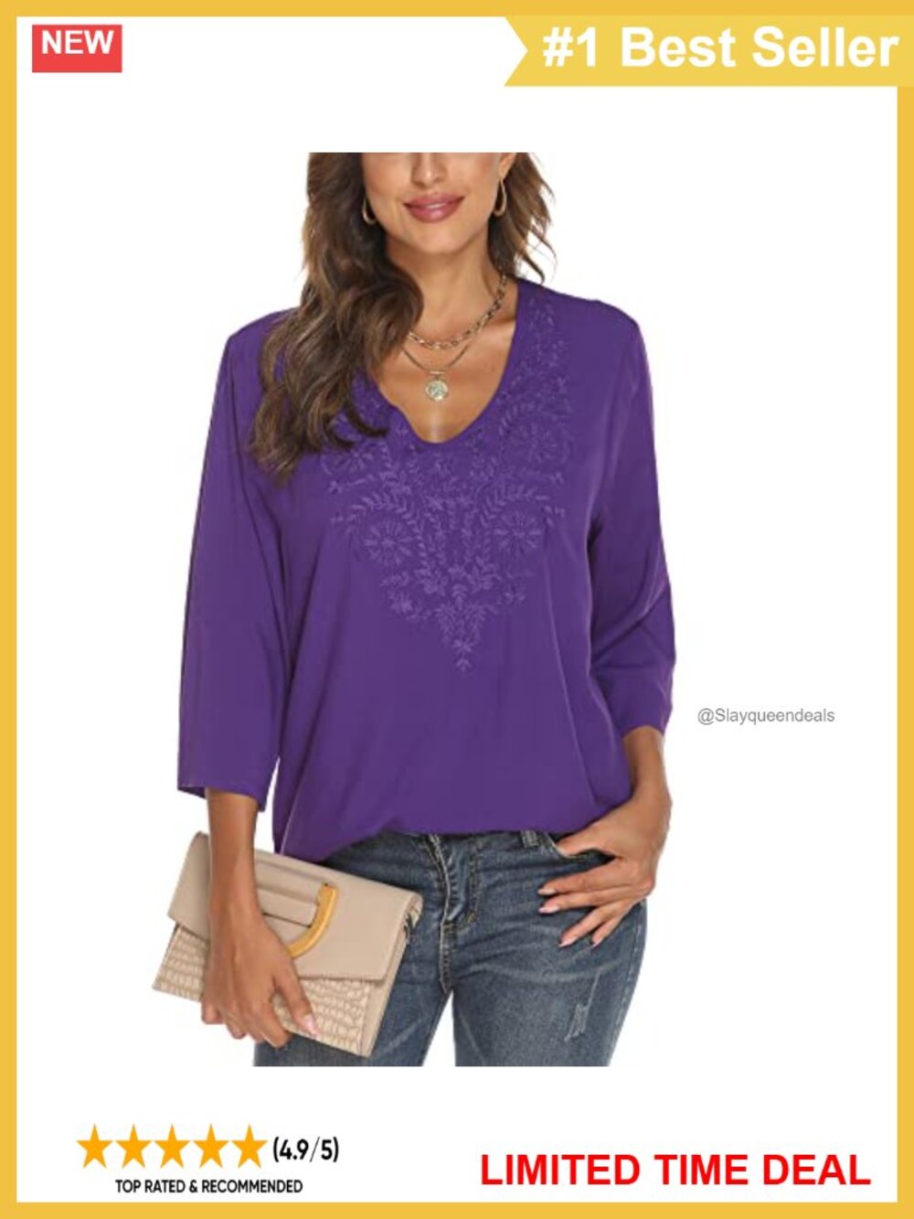 100% Rayon Embroidered Tunic Top V-Neck Short Sleeve Casual Blouse